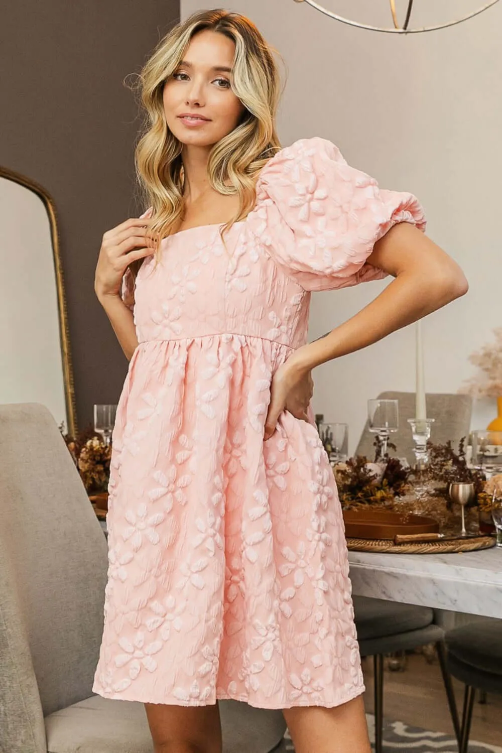 Blush Pink  Flower Square Neck Puff Sleeve Dress