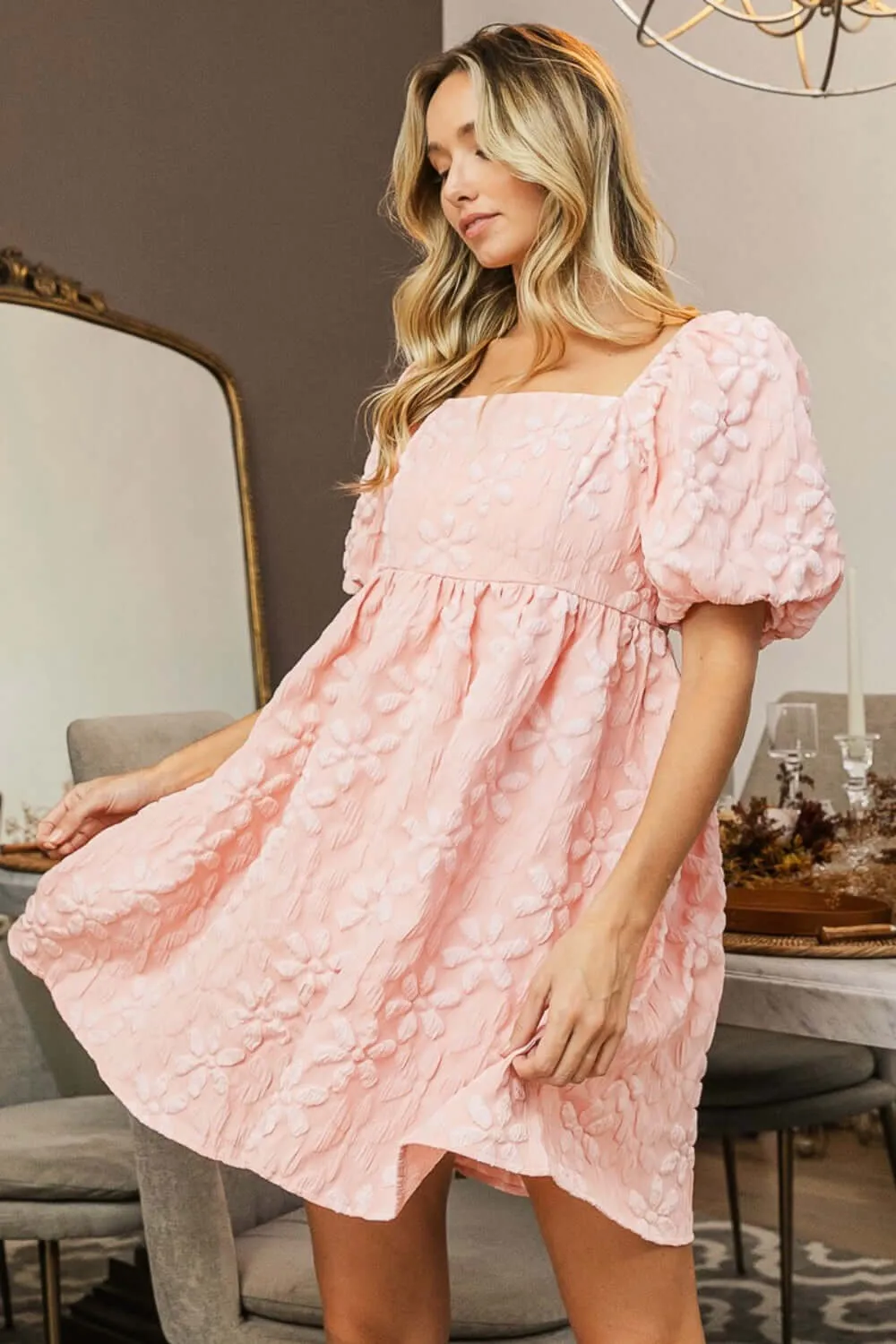 Blush Pink  Flower Square Neck Puff Sleeve Dress