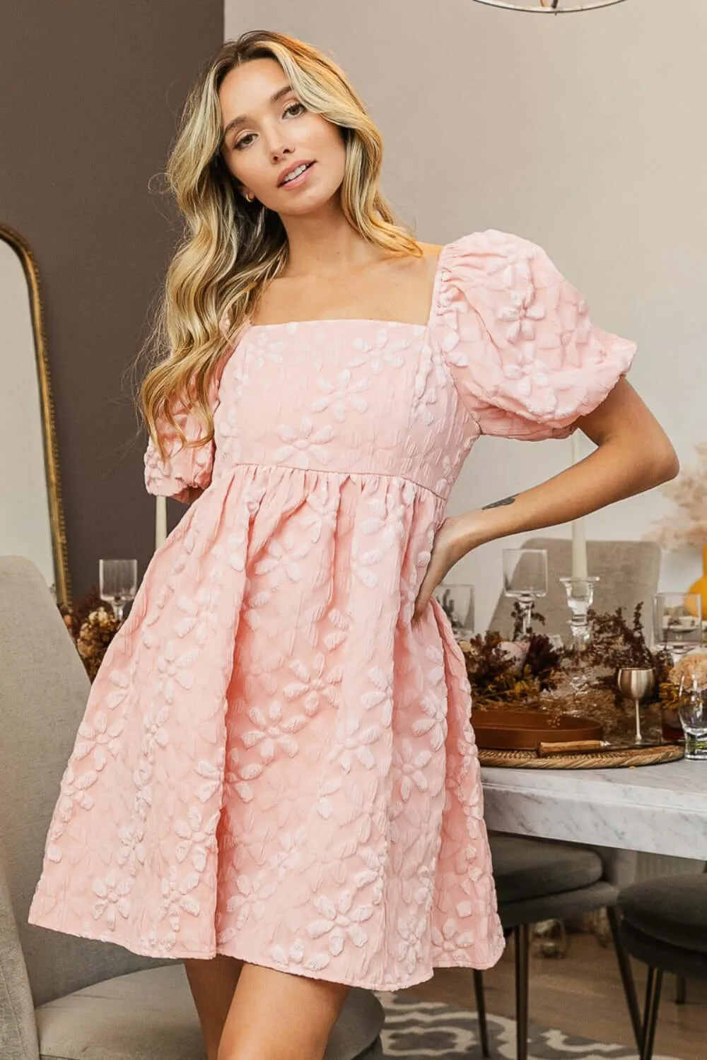 Blush Pink  Flower Square Neck Puff Sleeve Dress