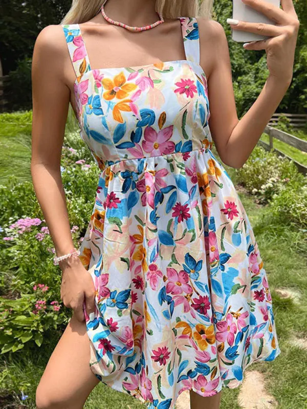 Boho Blossoms: Women's Floral Shirred Waistband Mini Dress