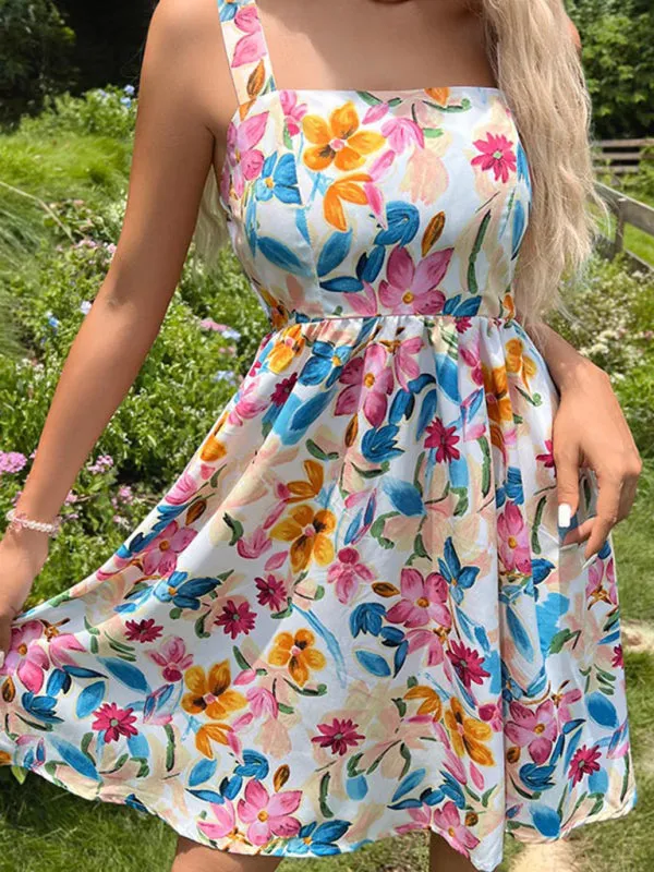 Boho Blossoms: Women's Floral Shirred Waistband Mini Dress