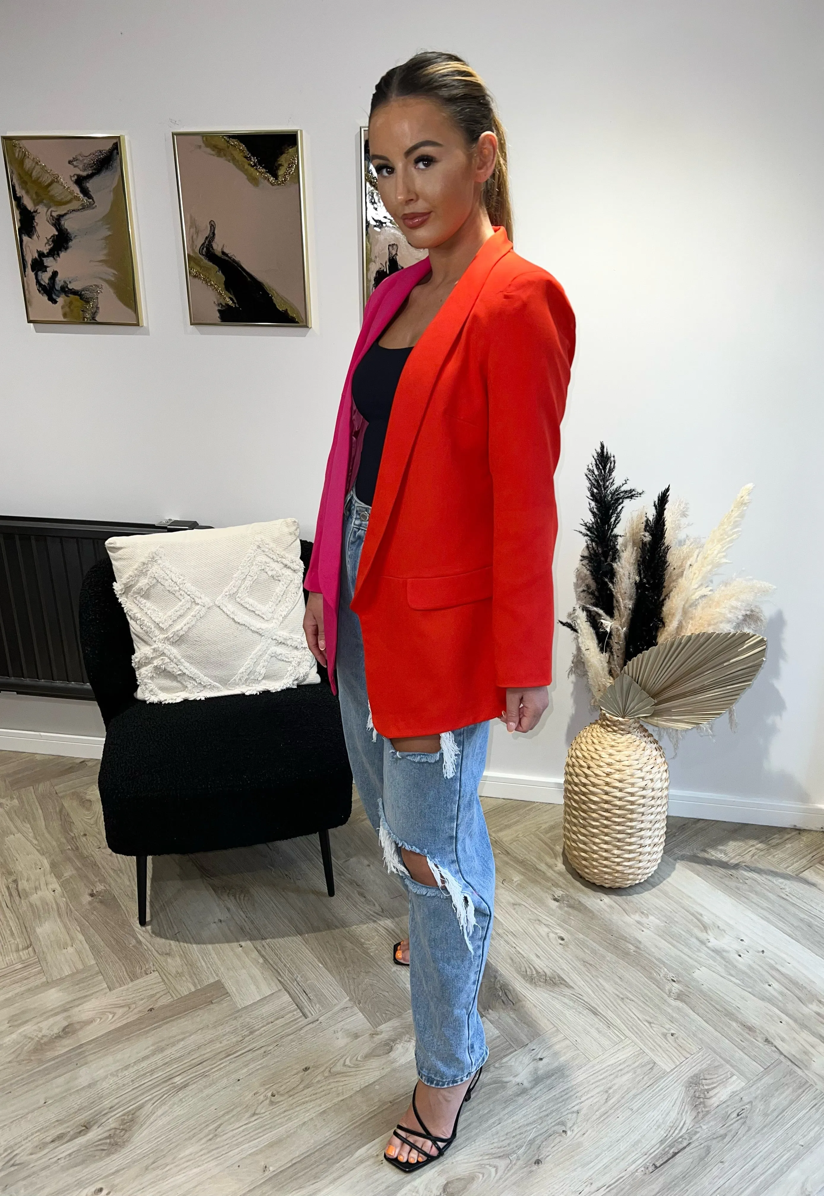 Bold Color Block Oversized Blazer in Orange & Pink
