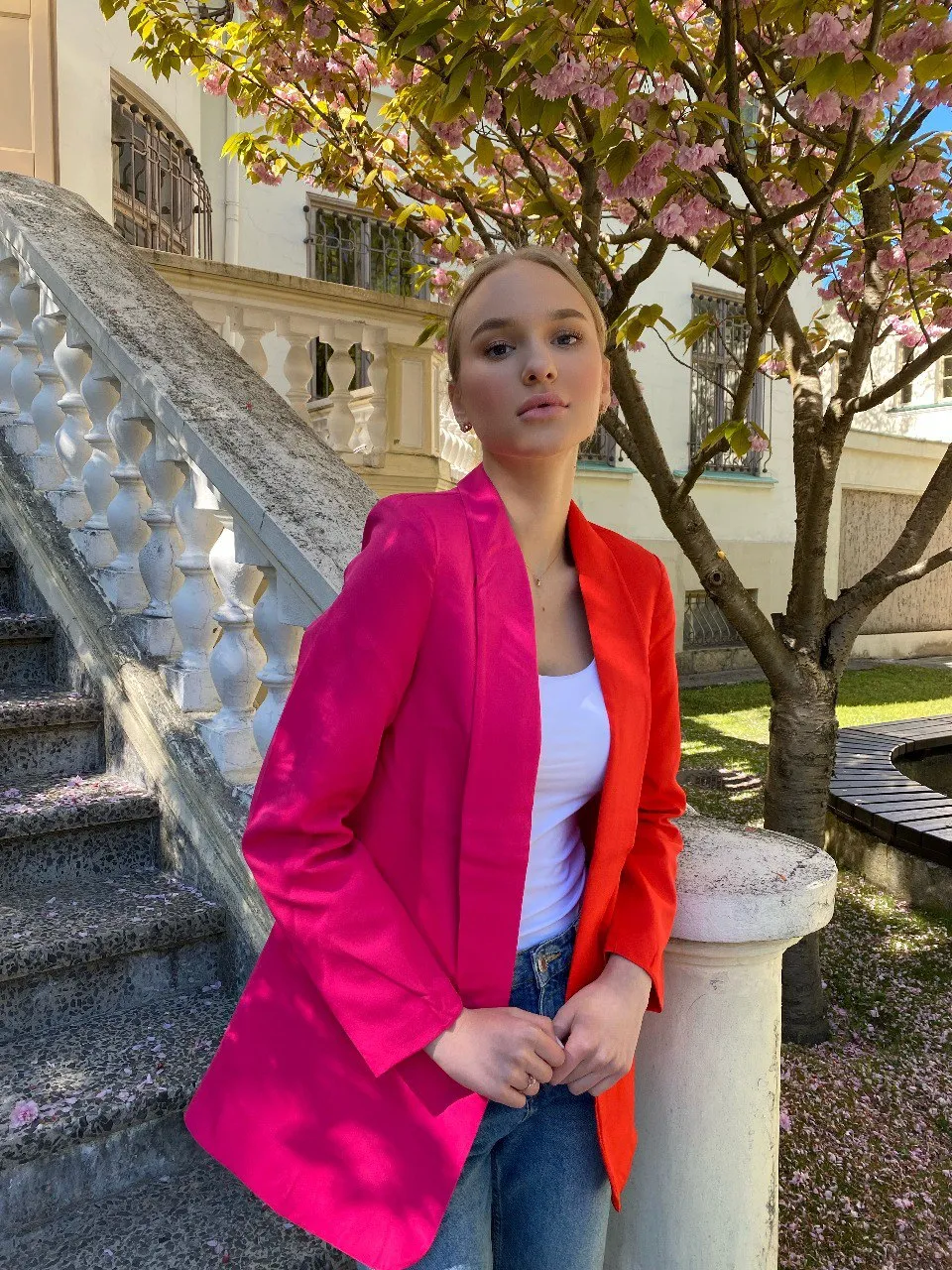 Bold Color Block Oversized Blazer in Orange & Pink