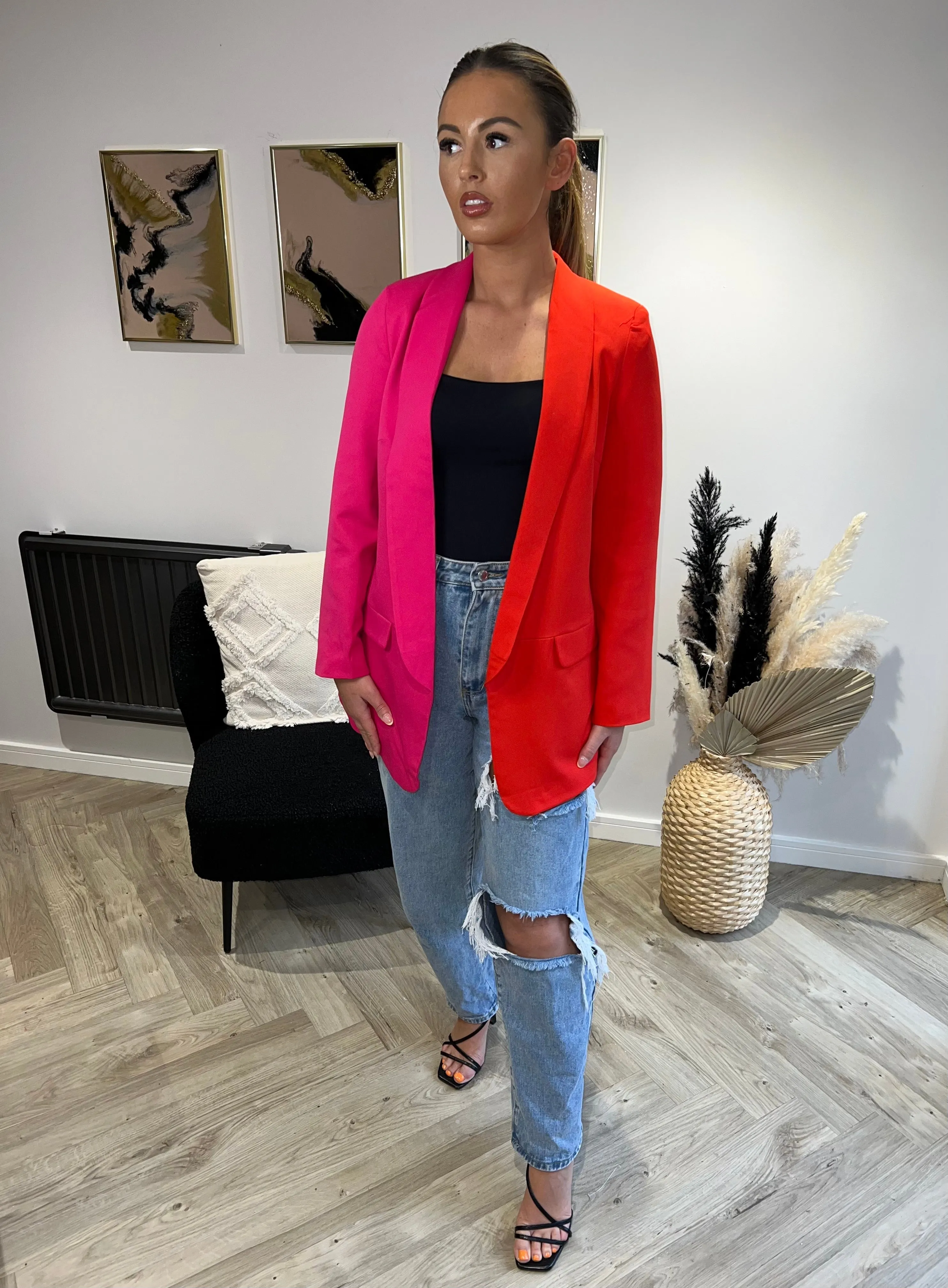Bold Color Block Oversized Blazer in Orange & Pink