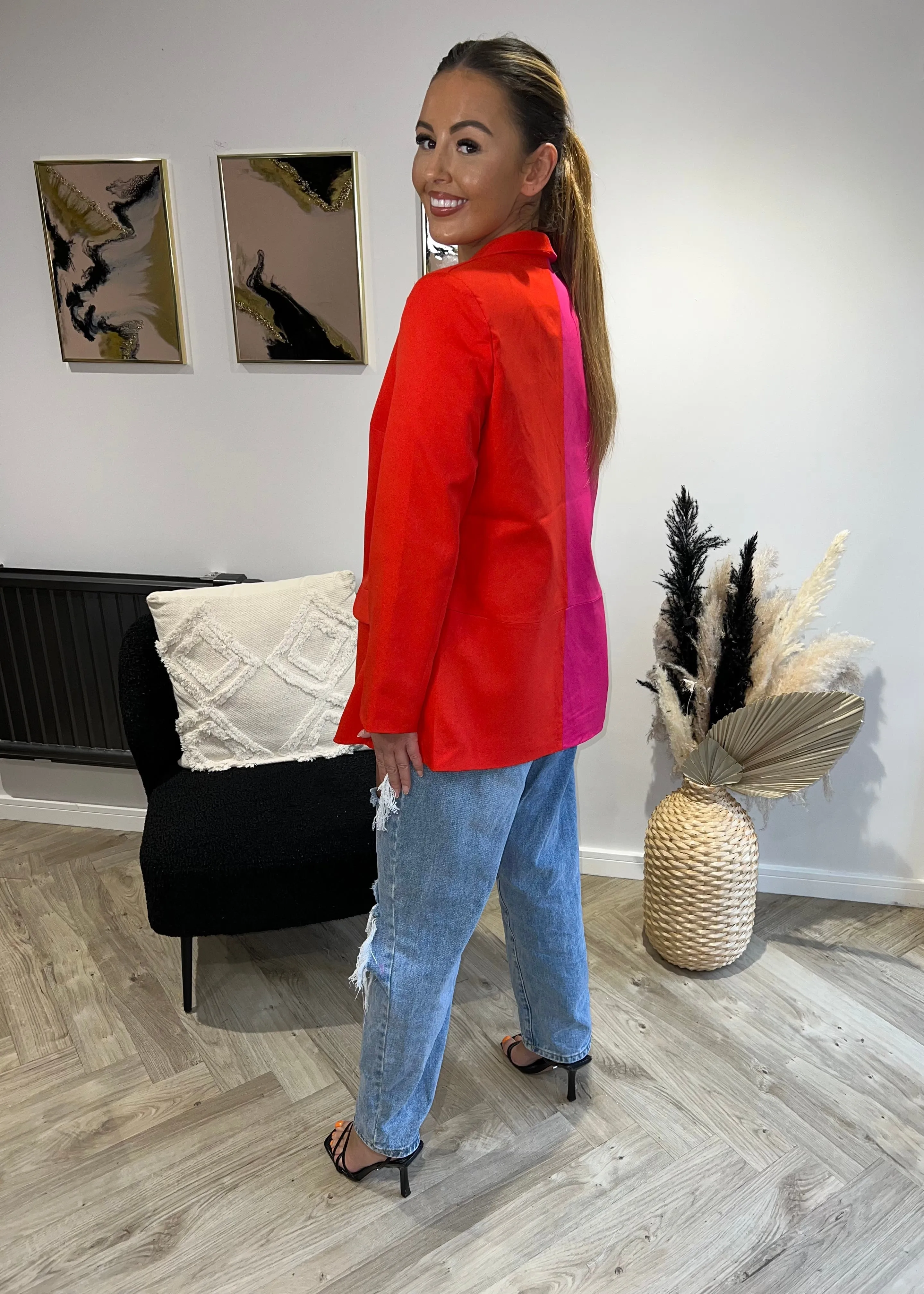 Bold Color Block Oversized Blazer in Orange & Pink
