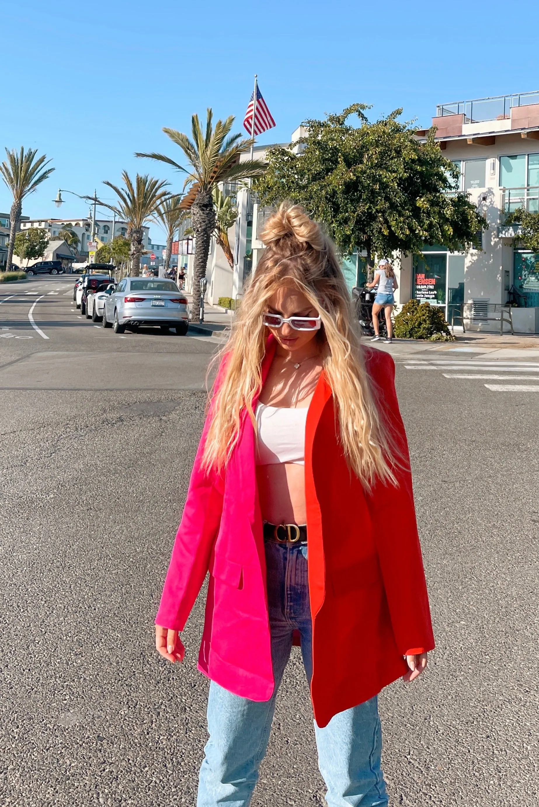 Bold Color Block Oversized Blazer in Orange & Pink