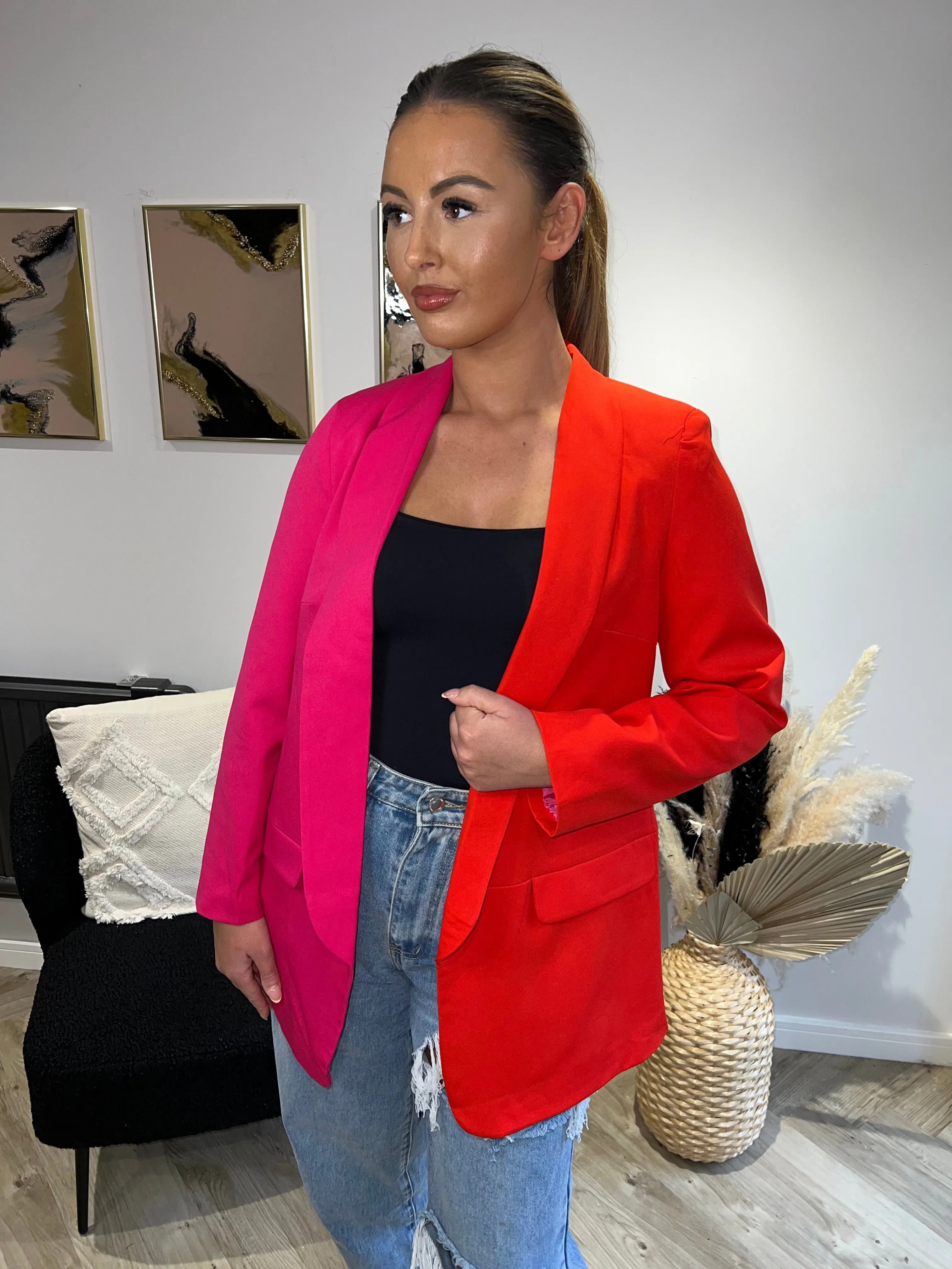 Bold Color Block Oversized Blazer in Orange & Pink