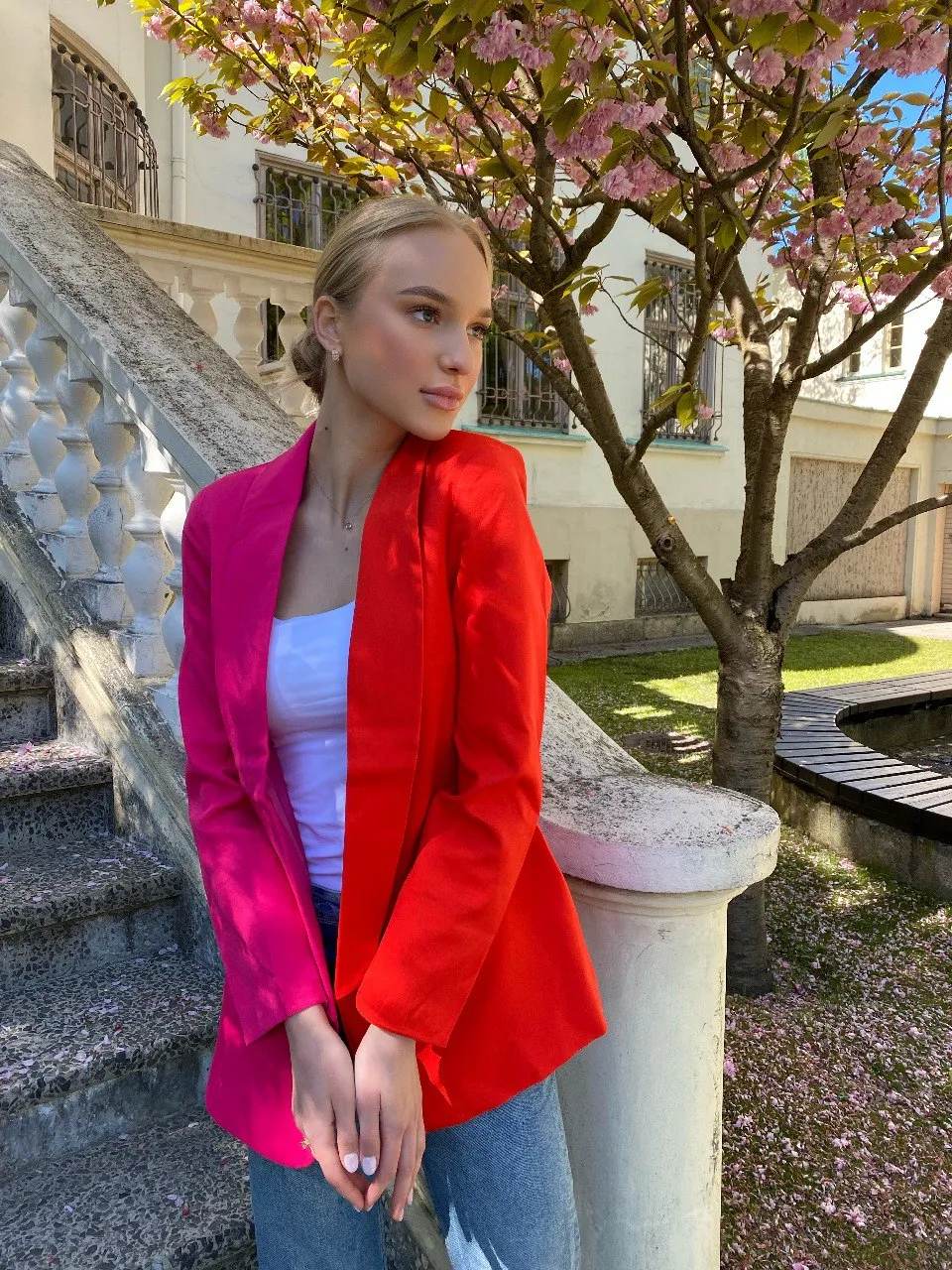 Bold Color Block Oversized Blazer in Orange & Pink