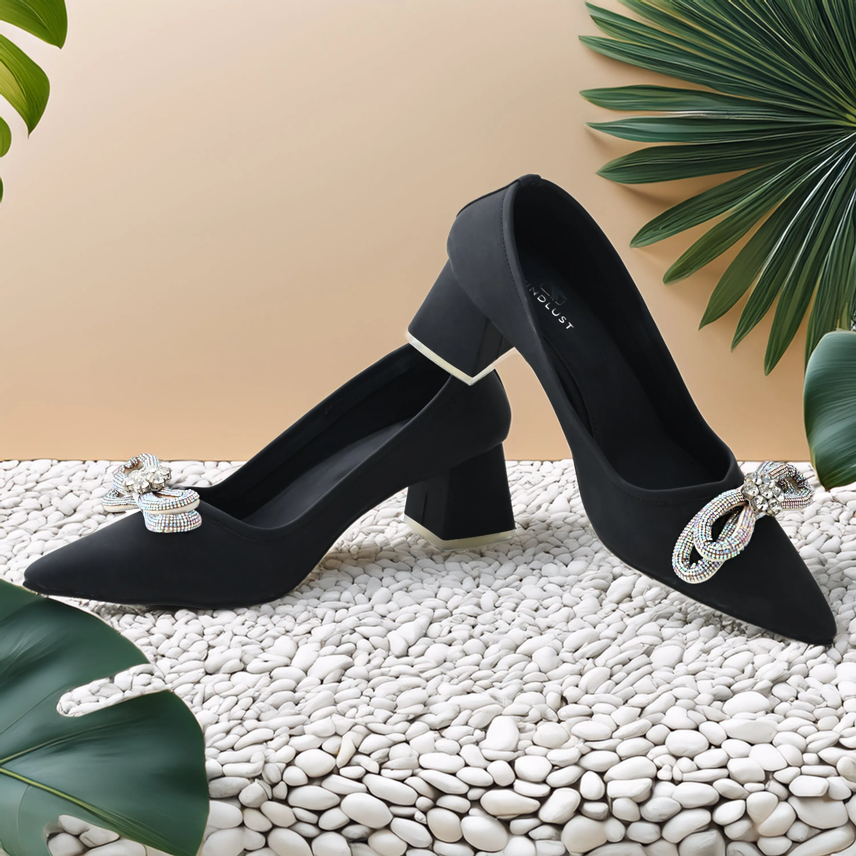 Bow Embellished Sleek Block Heels - Jet Black