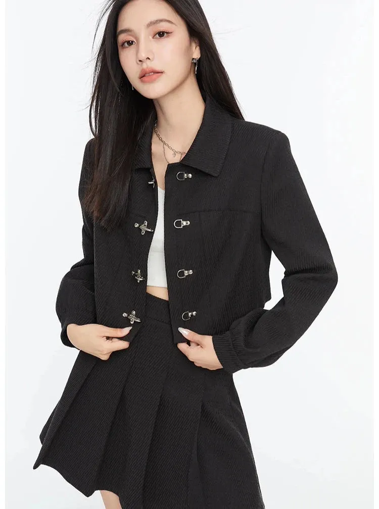 Boxy Collared Crop Jacket with Fireman Buckles and Mini Skirt Two-Piece Set
