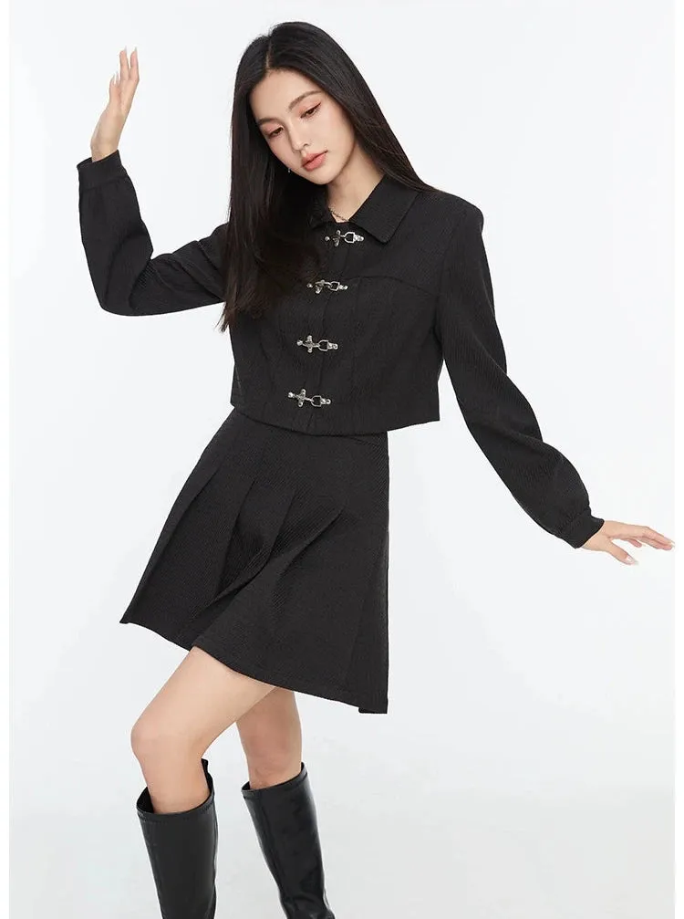 Boxy Collared Crop Jacket with Fireman Buckles and Mini Skirt Two-Piece Set
