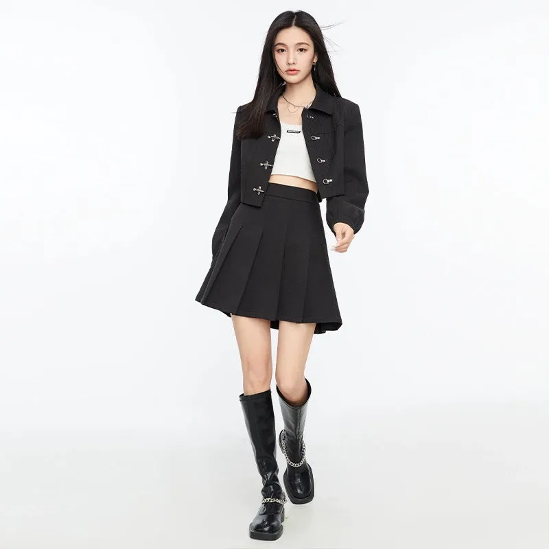 Boxy Collared Crop Jacket with Fireman Buckles and Mini Skirt Two-Piece Set