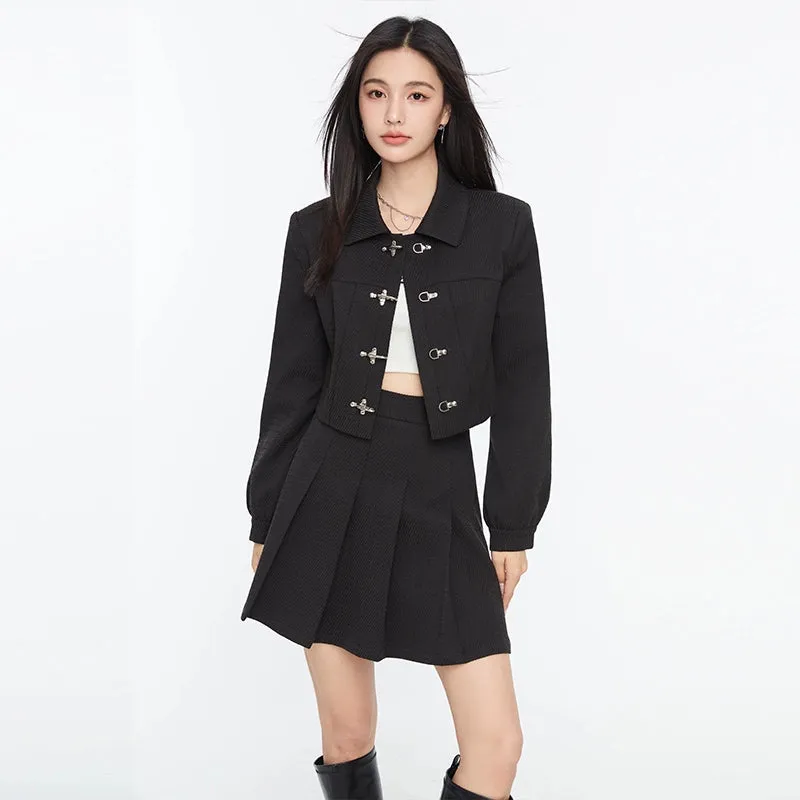 Boxy Collared Crop Jacket with Fireman Buckles and Mini Skirt Two-Piece Set