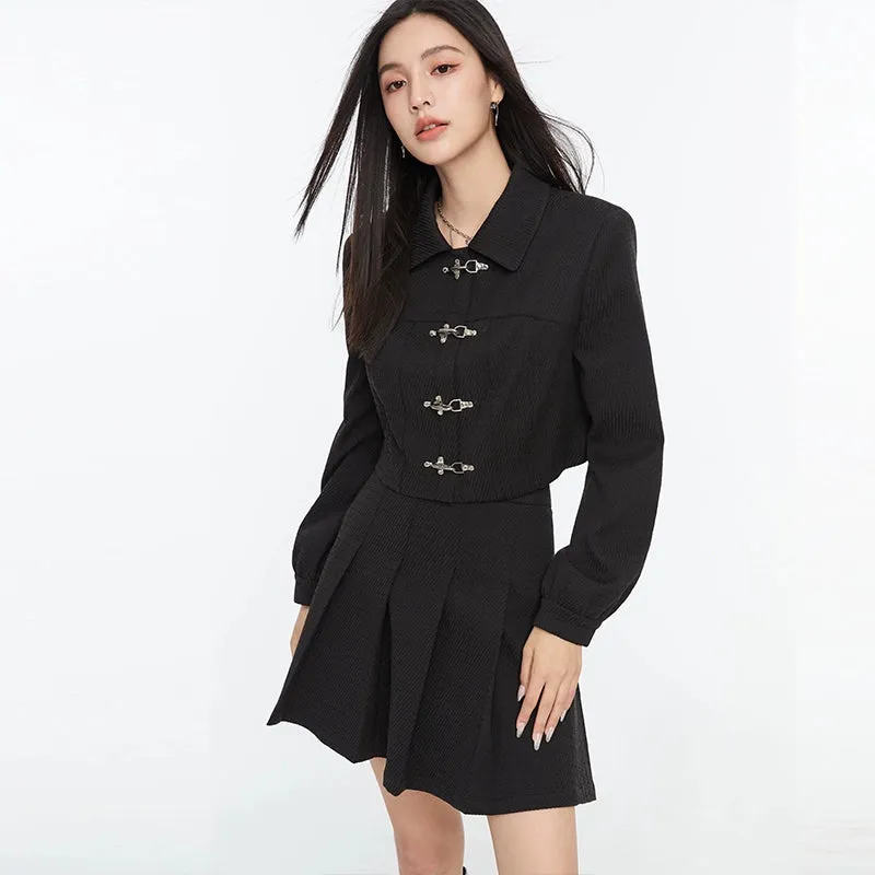 Boxy Collared Crop Jacket with Fireman Buckles and Mini Skirt Two-Piece Set