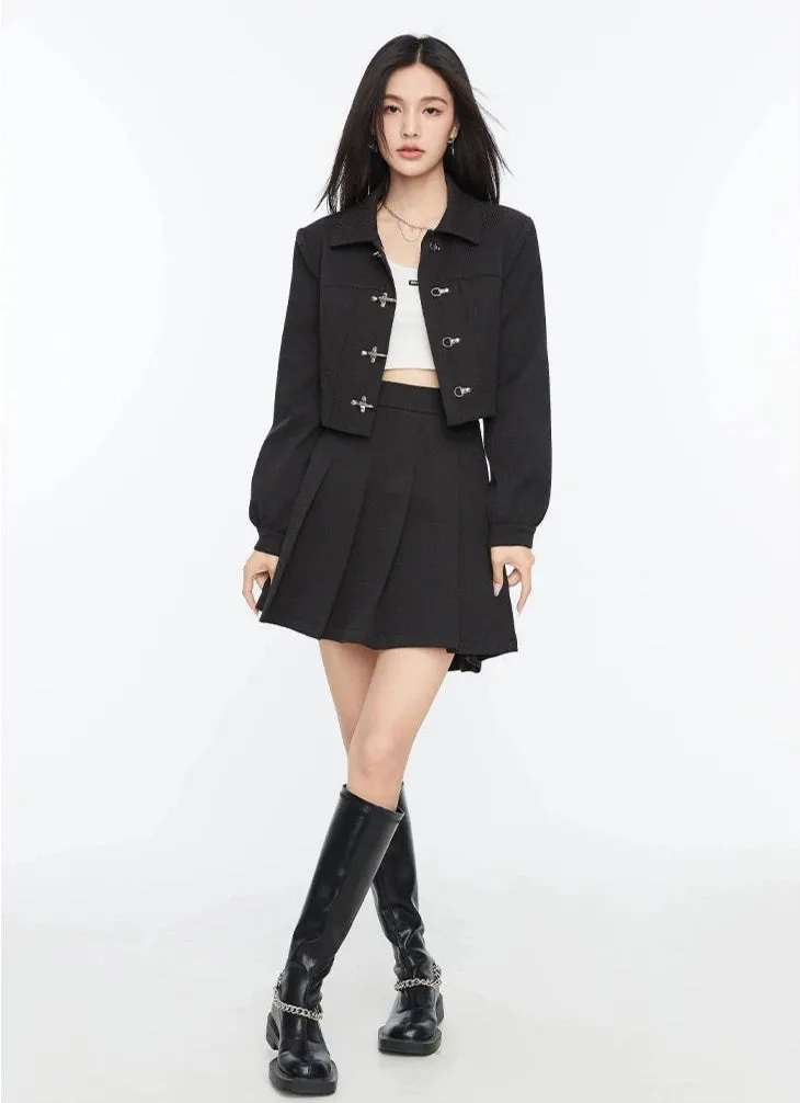 Boxy Collared Crop Jacket with Fireman Buckles and Mini Skirt Two-Piece Set