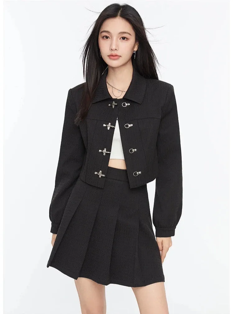 Boxy Collared Crop Jacket with Fireman Buckles and Mini Skirt Two-Piece Set