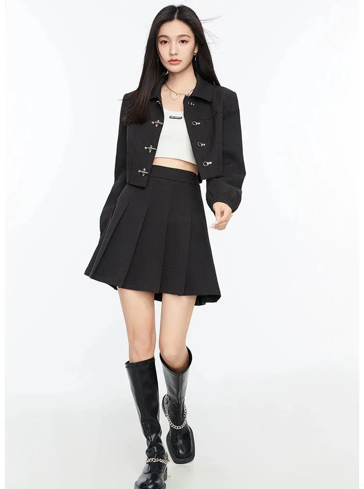 Boxy Collared Crop Jacket with Fireman Buckles and Mini Skirt Two-Piece Set