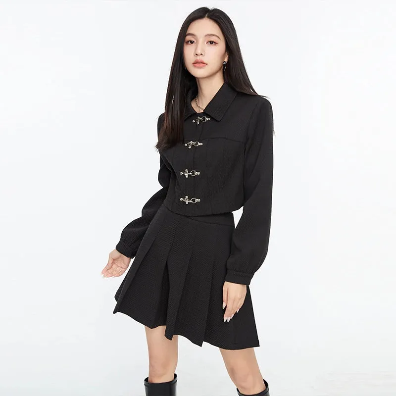 Boxy Collared Crop Jacket with Fireman Buckles and Mini Skirt Two-Piece Set