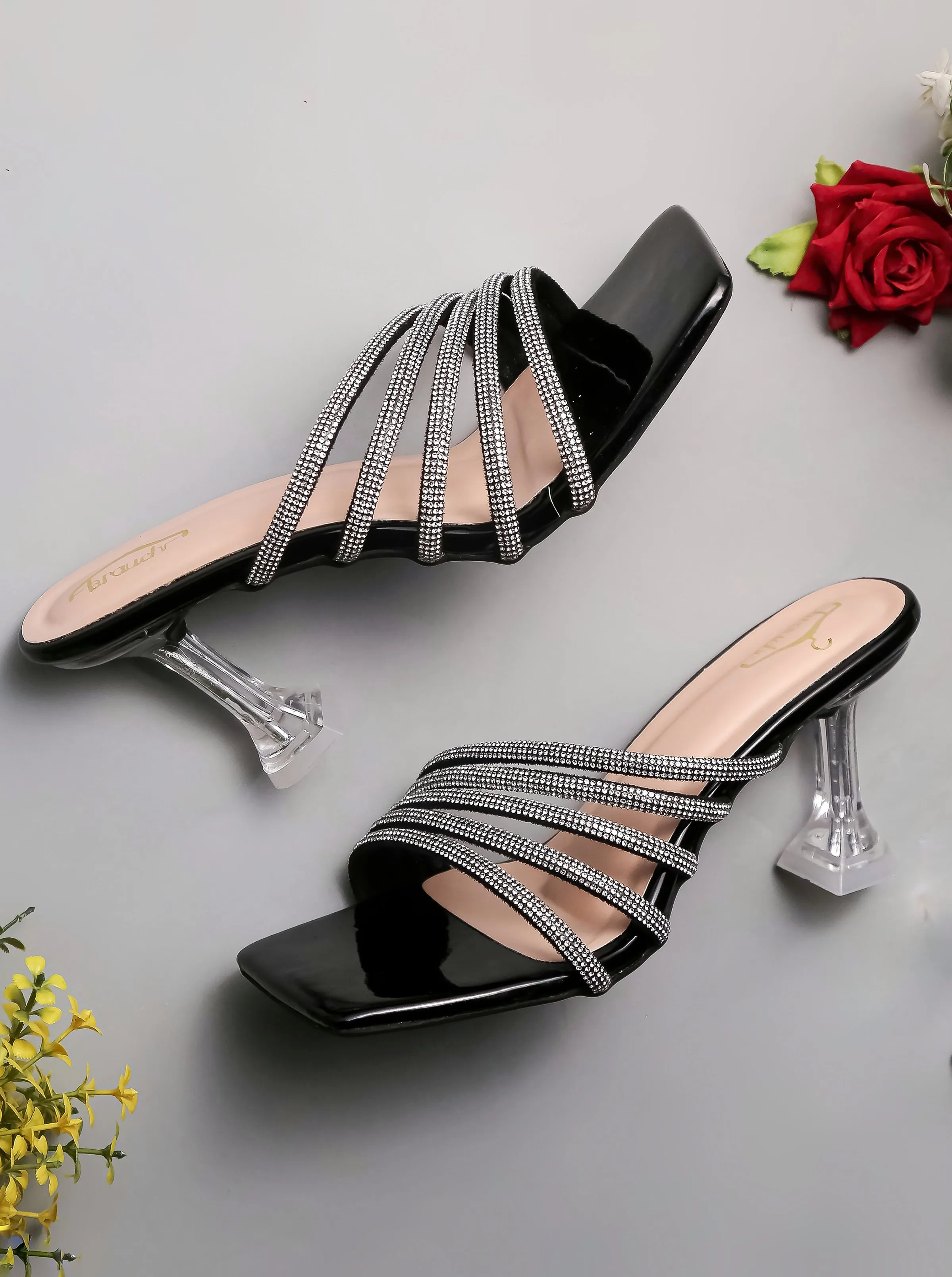 Brauch Black Rhinestone Multi-straps heel