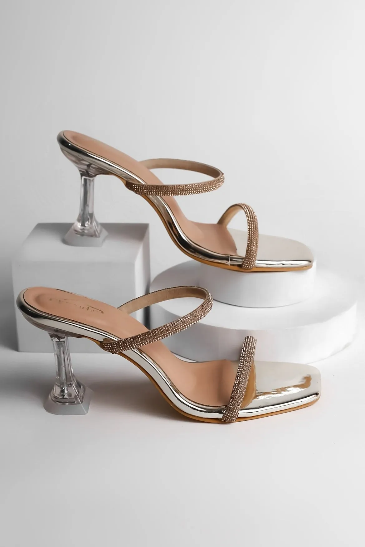 Brauch Gold Multistrap Rhinestone Prism Stiletto Prism Heel