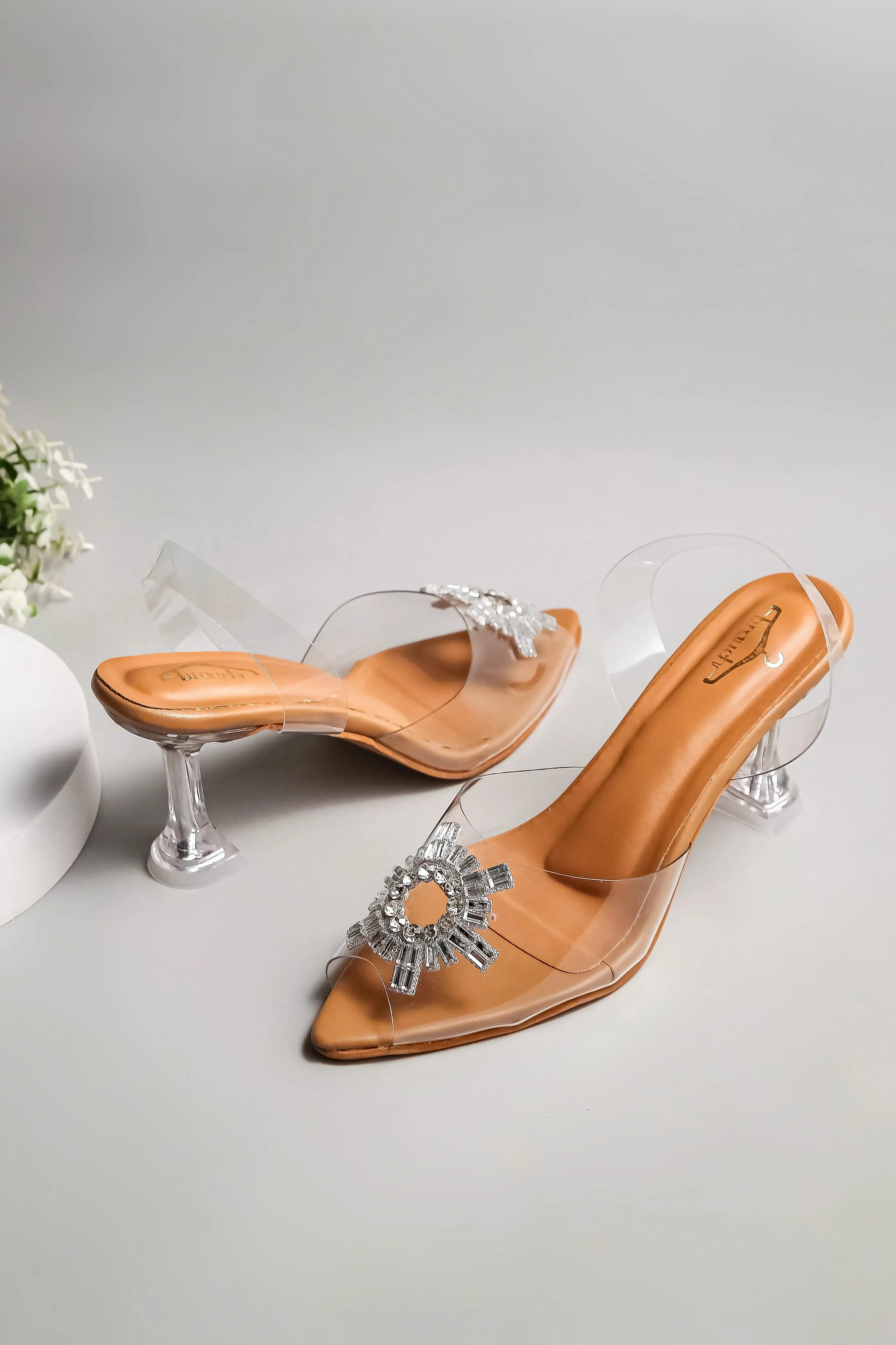 Brauch Tan Diamond Buckle Slingback Peep Toe Mule Heels