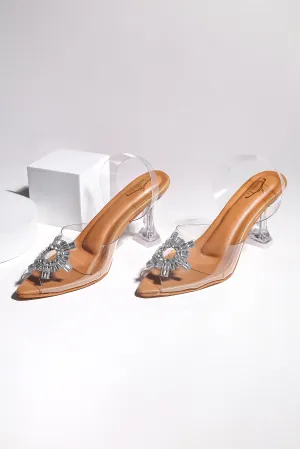 Brauch Tan Diamond Buckle Slingback Peep Toe Mule Heels