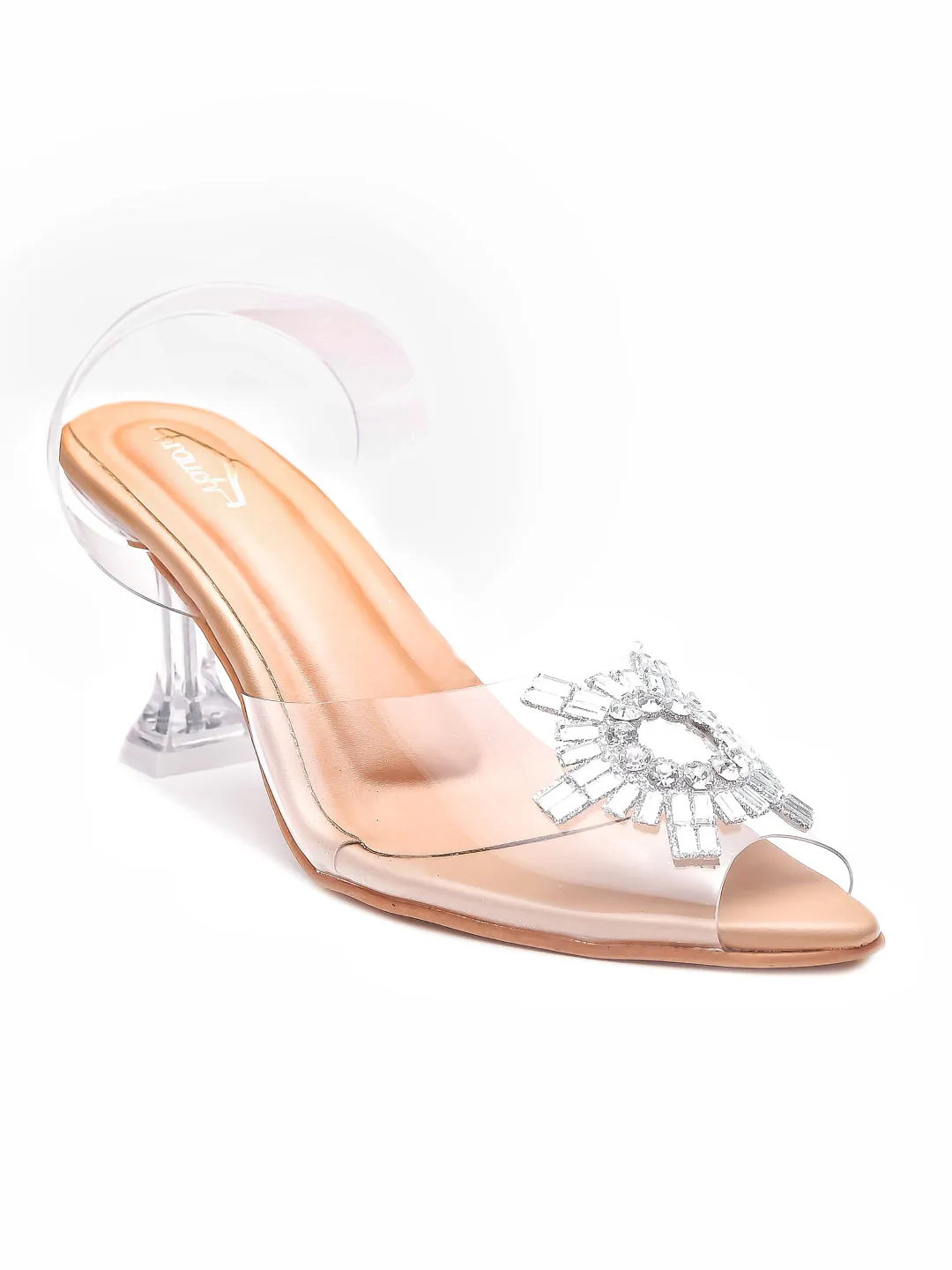 Brauch Tan Diamond Buckle Slingback Peep Toe Mule Heels