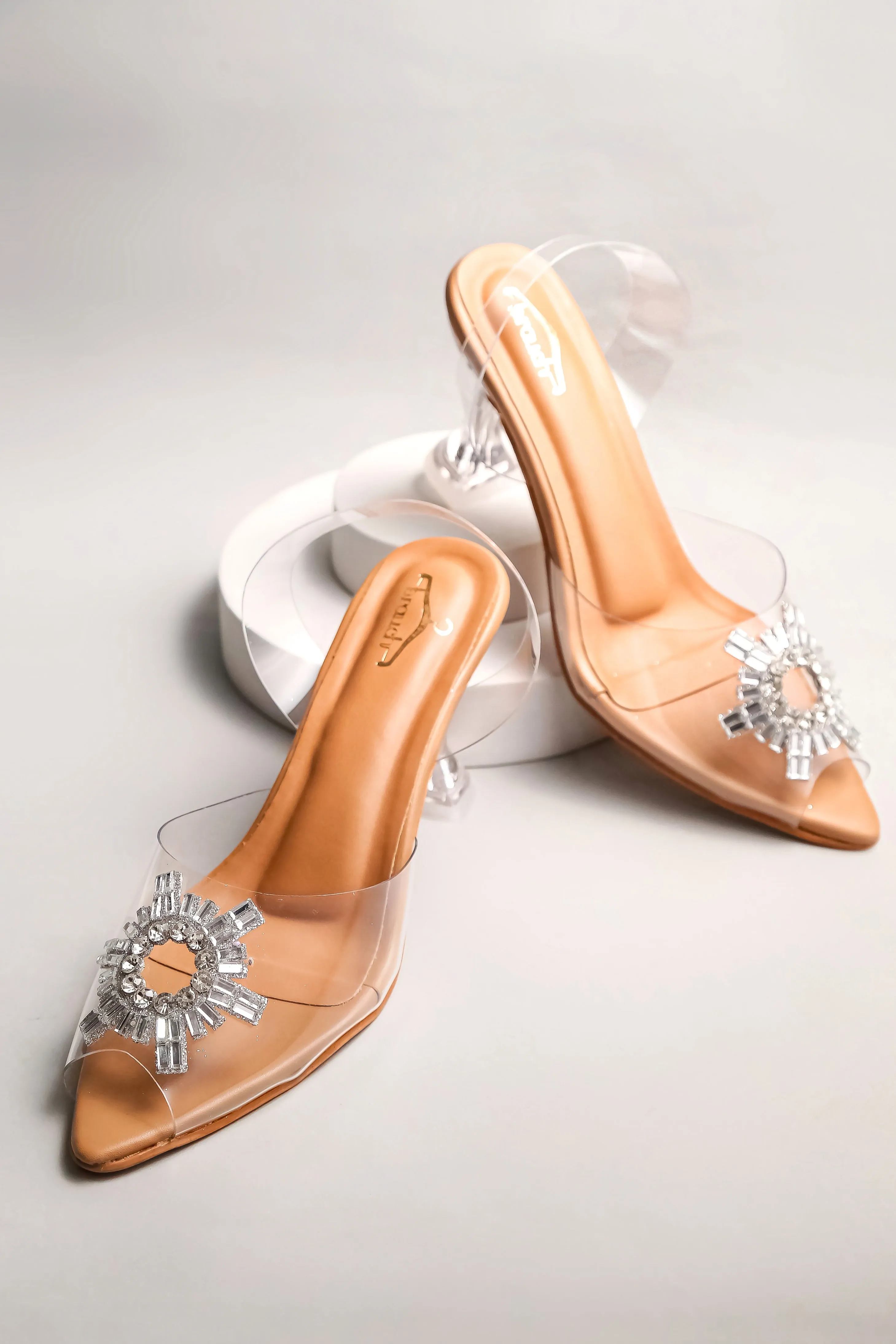 Brauch Tan Diamond Buckle Slingback Peep Toe Mule Heels