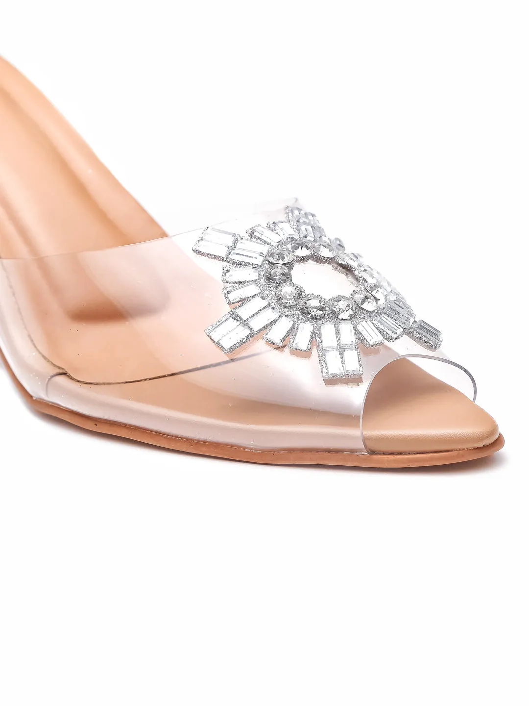 Brauch Tan Diamond Buckle Slingback Peep Toe Mule Heels
