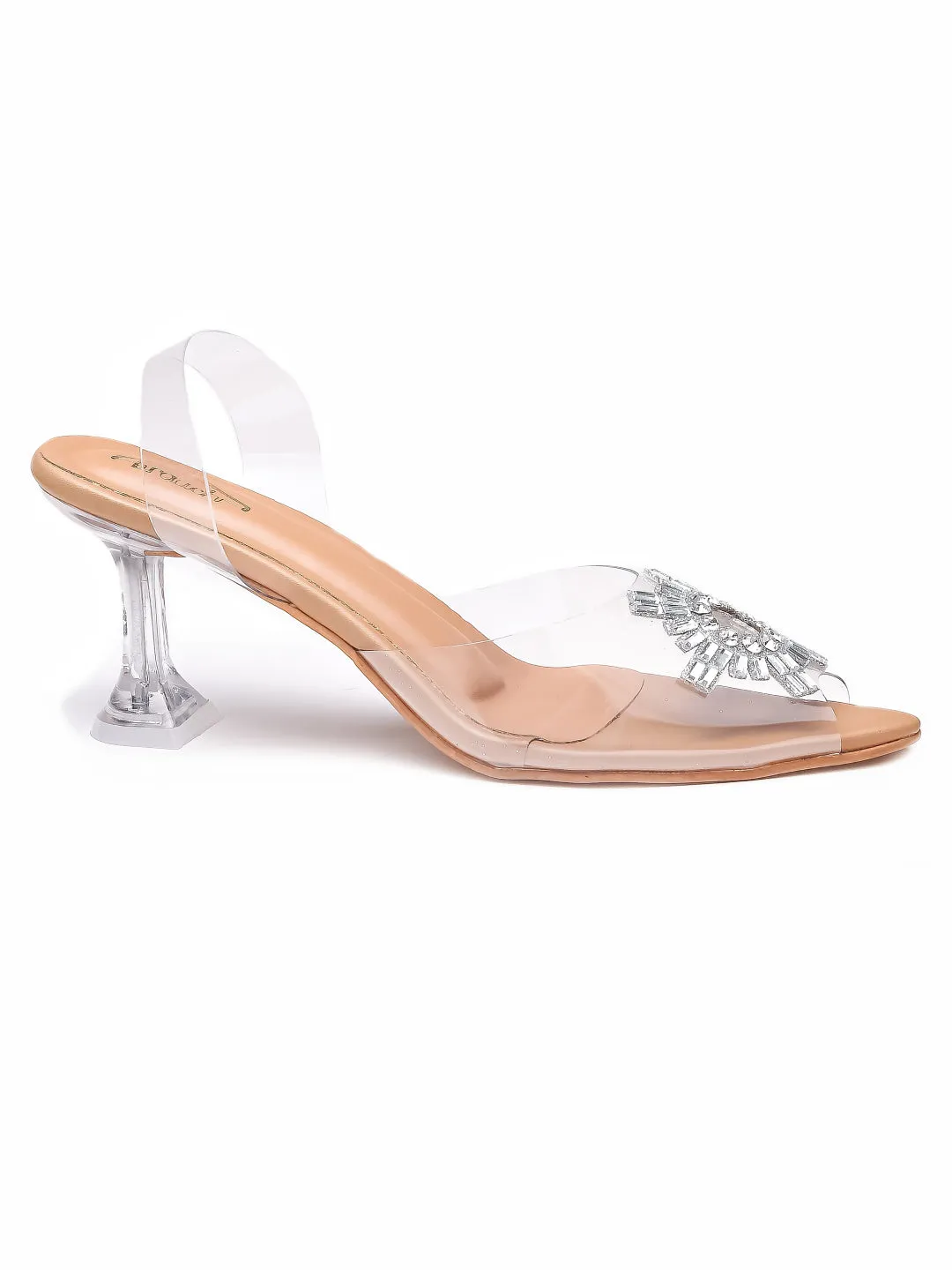 Brauch Tan Diamond Buckle Slingback Peep Toe Mule Heels