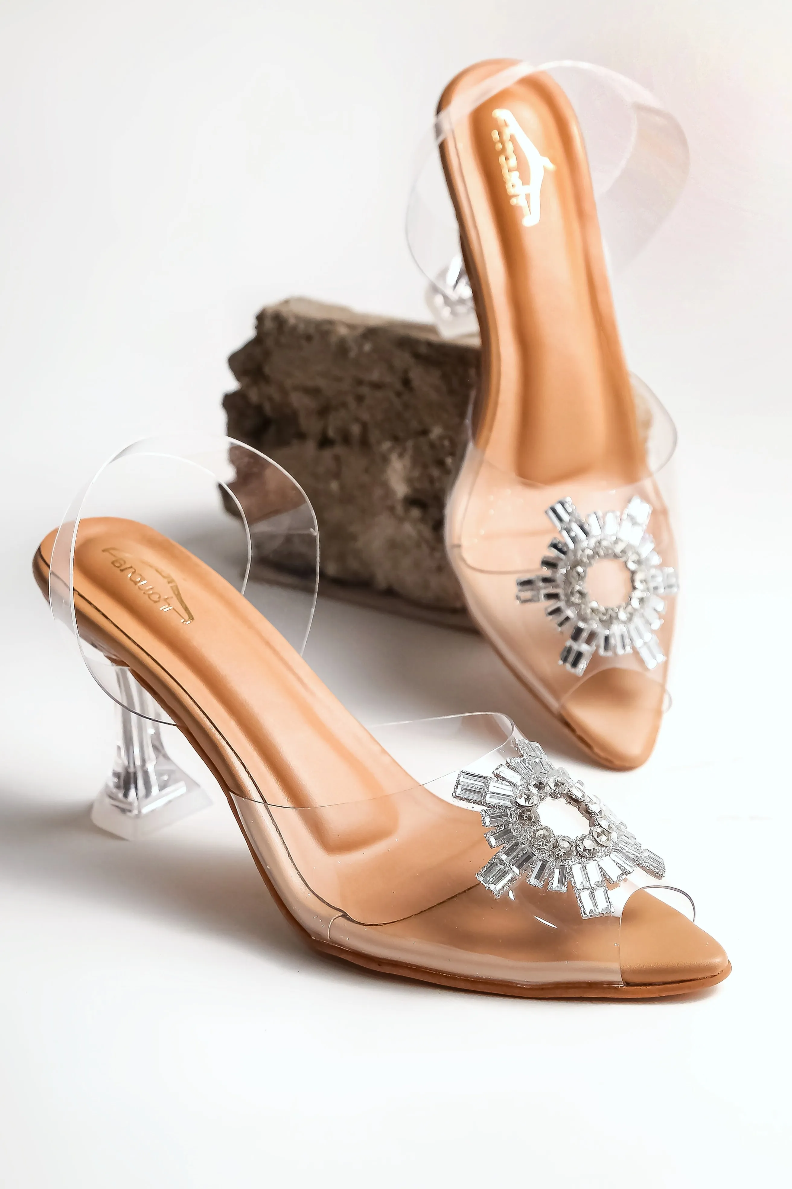 Brauch Tan Diamond Buckle Slingback Peep Toe Mule Heels