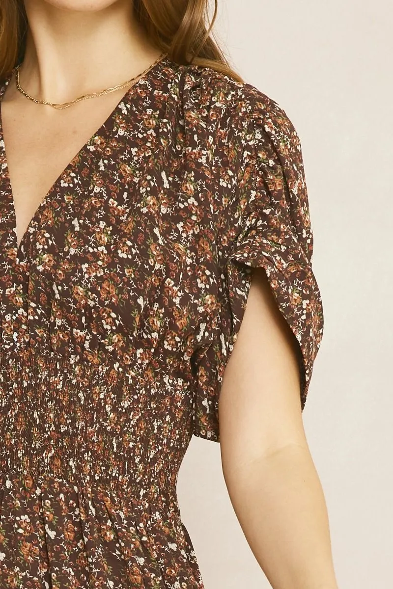 Brown Fall V-neck Short Sleeve Floral Dress