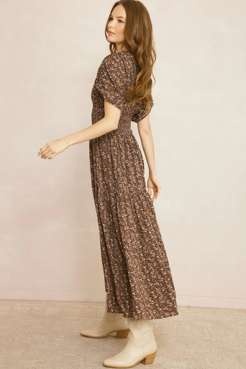Brown Fall V-neck Short Sleeve Floral Dress