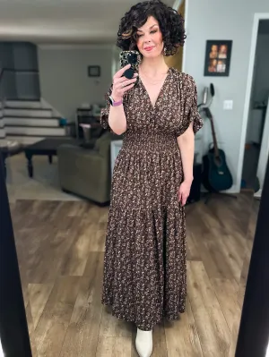 Brown Fall V-neck Short Sleeve Floral Dress