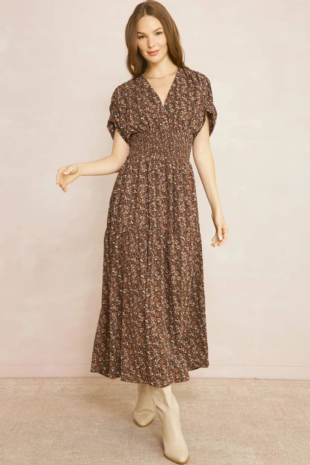 Brown Fall V-neck Short Sleeve Floral Dress