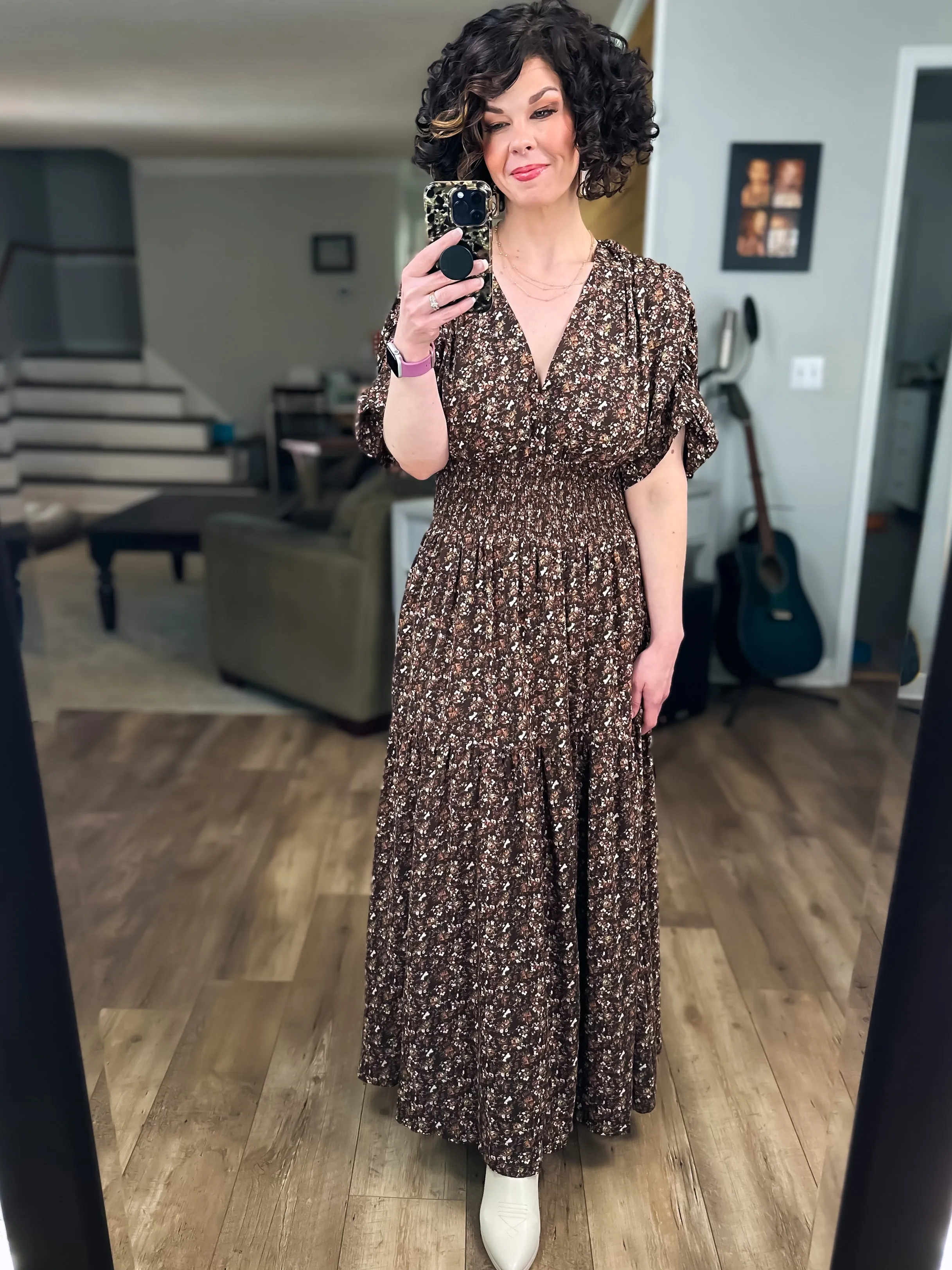 Brown Fall V-neck Short Sleeve Floral Dress
