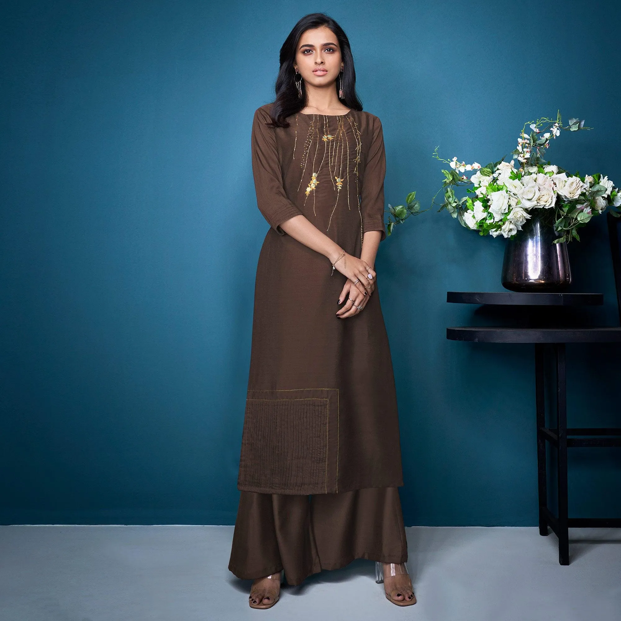 Brown Partywear Embroidered Handwork Silk Kurti Palazzo Set
