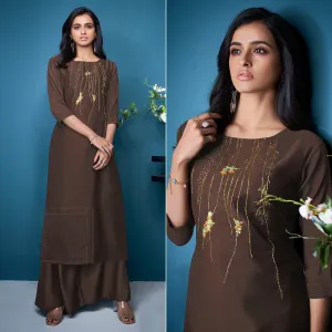 Brown Partywear Embroidered Handwork Silk Kurti Palazzo Set