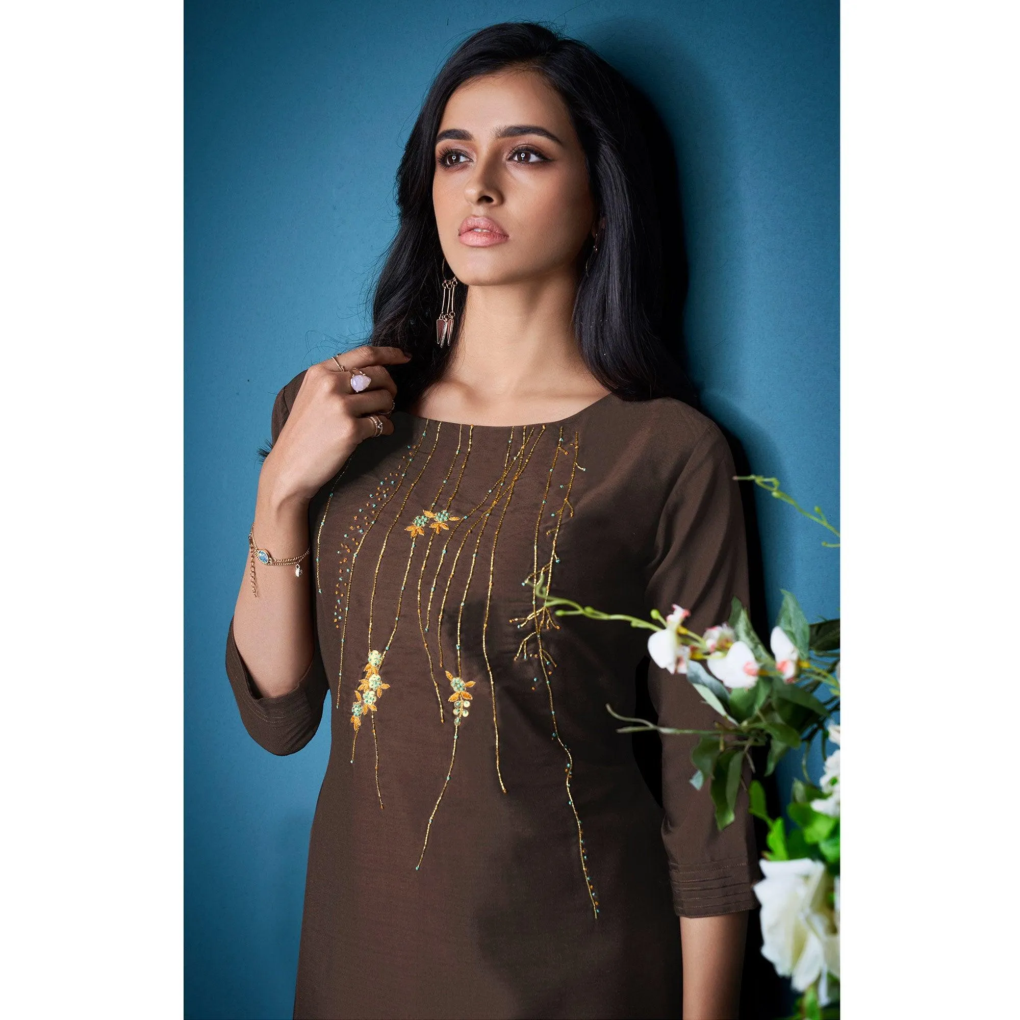 Brown Partywear Embroidered Handwork Silk Kurti Palazzo Set