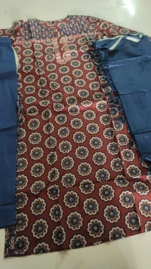 Brown Printed Pure Cotton Kurti Pant Set With Dupatta