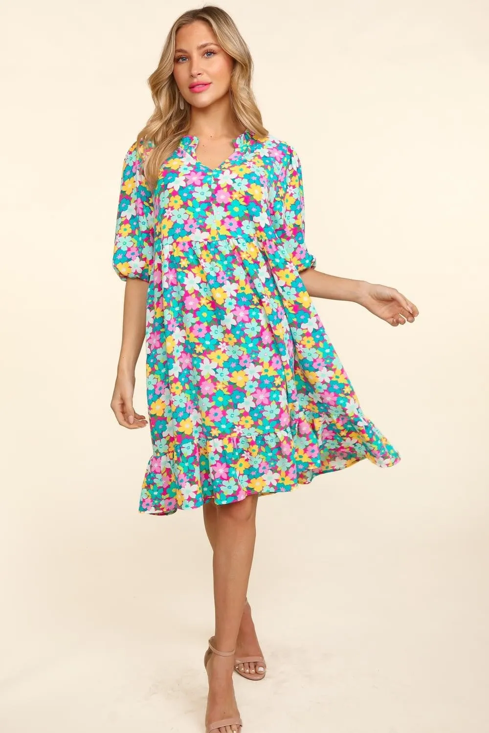 Bubble Sleeve Floral Ruffled Dress