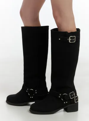 Buckle-Embellished Faux Leather Boots CO410