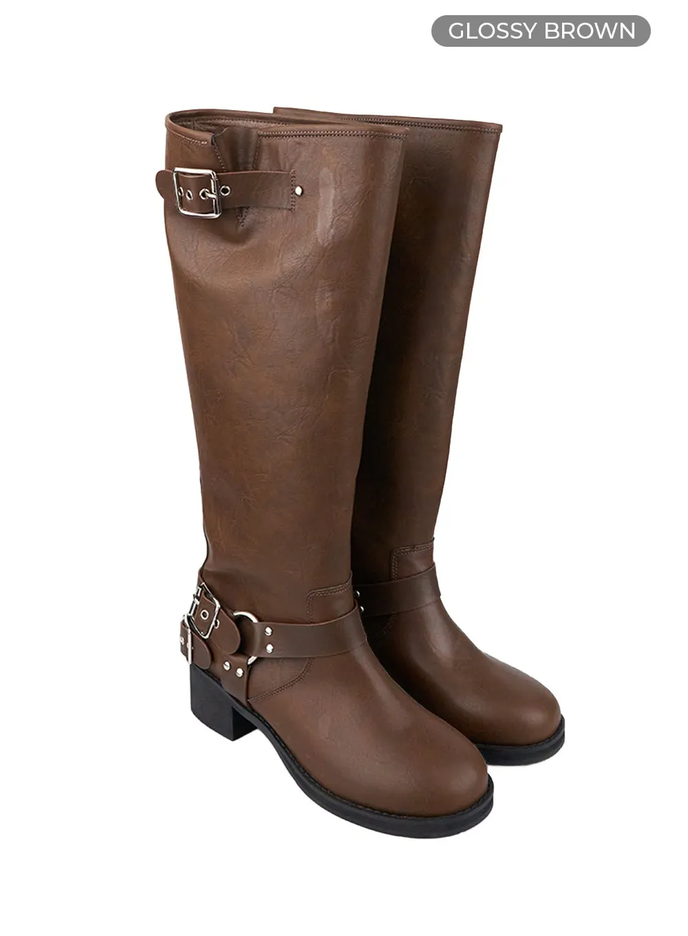 Buckle-Embellished Faux Leather Boots CO410