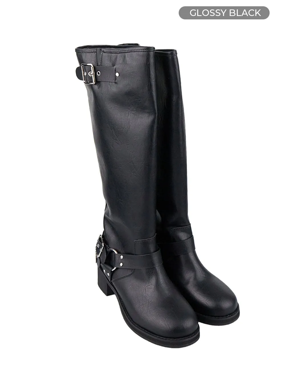 Buckle-Embellished Faux Leather Boots CO410