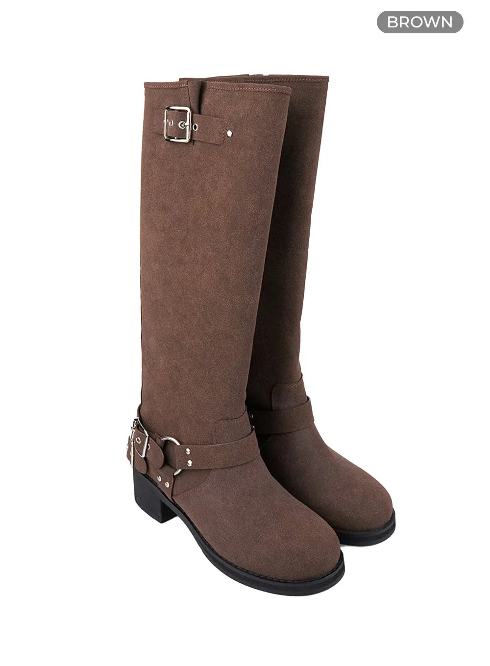 Buckle-Embellished Faux Leather Boots CO410