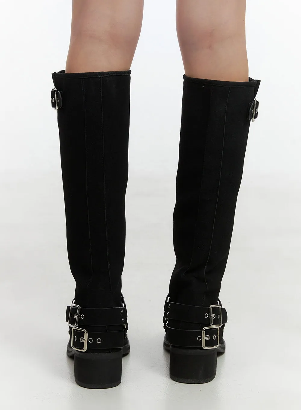 Buckle-Embellished Faux Leather Boots CO410