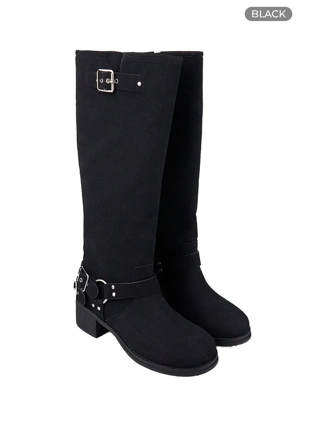 Buckle-Embellished Faux Leather Boots CO410