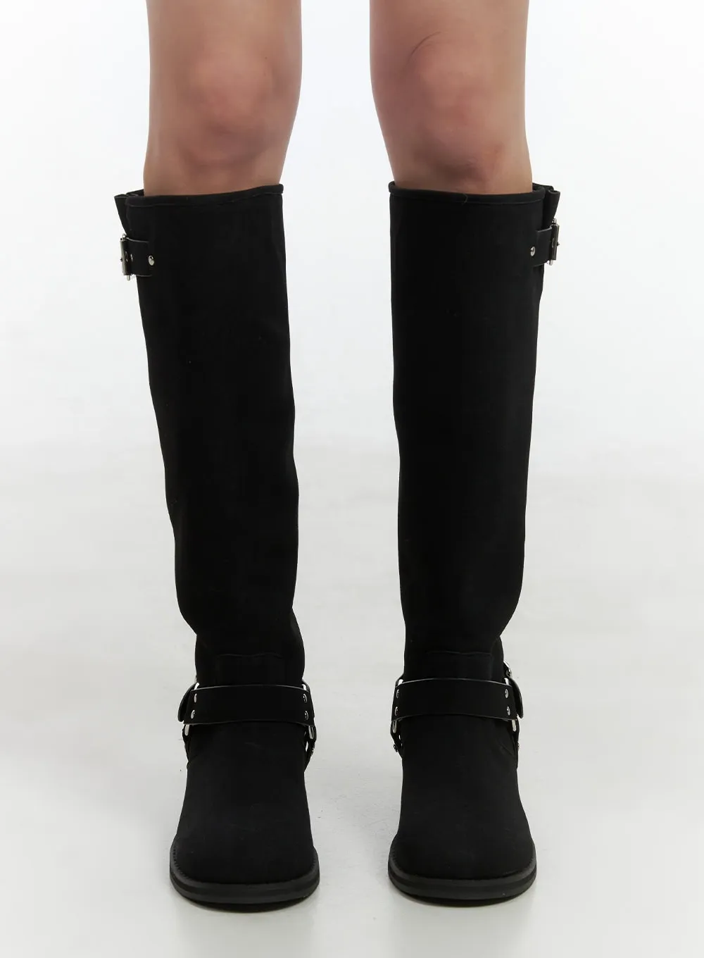 Buckle-Embellished Faux Leather Boots CO410