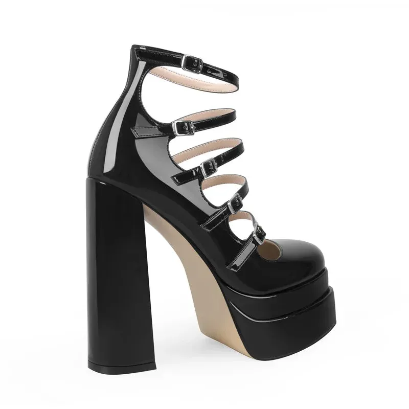 Buckle Strap Platform Patent Leather Cross-tied Square Toe Thick High Heels Shoes