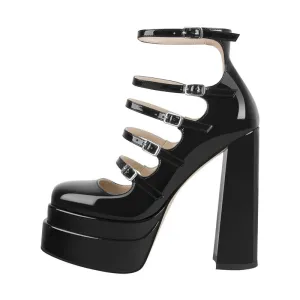 Buckle Strap Platform Patent Leather Cross-tied Square Toe Thick High Heels Shoes